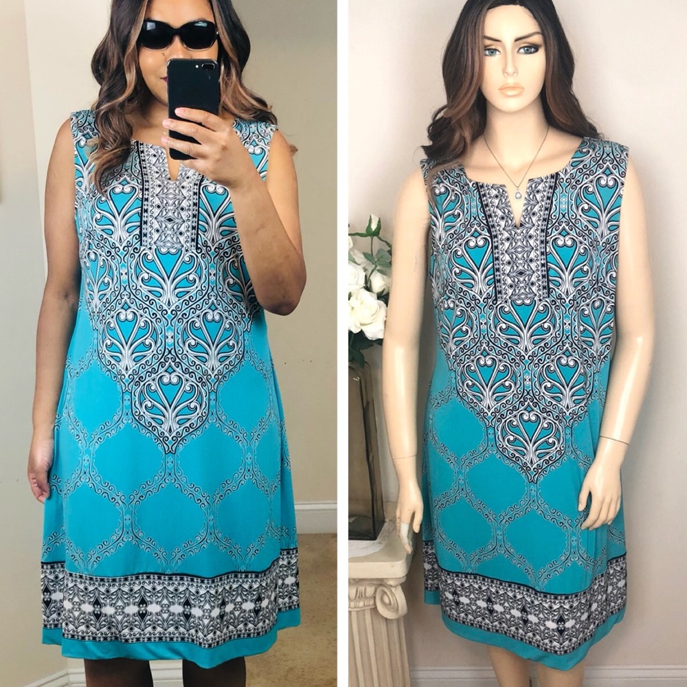 JM COLLECTION Geometric Turquoise Black White Sleeveless PLUS SIZE Shift Dress
